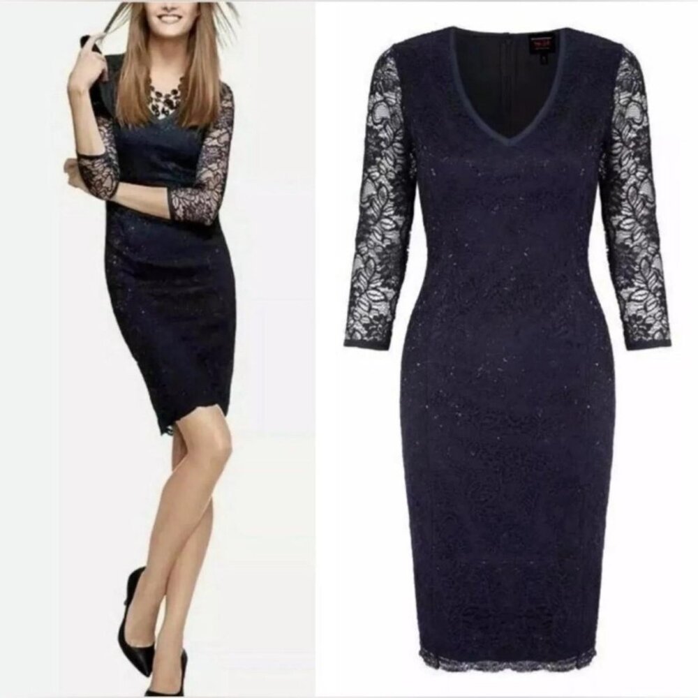 L'Wren Scott for Banana Republic metallic blue lace sheath dress cocktail party